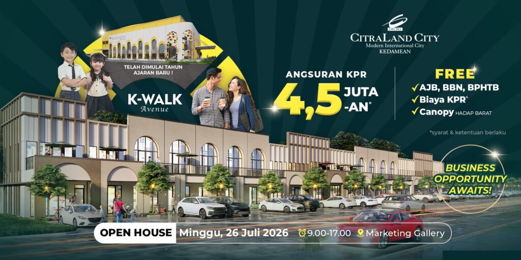 Ruko K-Walk Avenue CitraLand City Kedamean Gresik tampak depan dengan row jalan 18 meter dan area parkir lebar