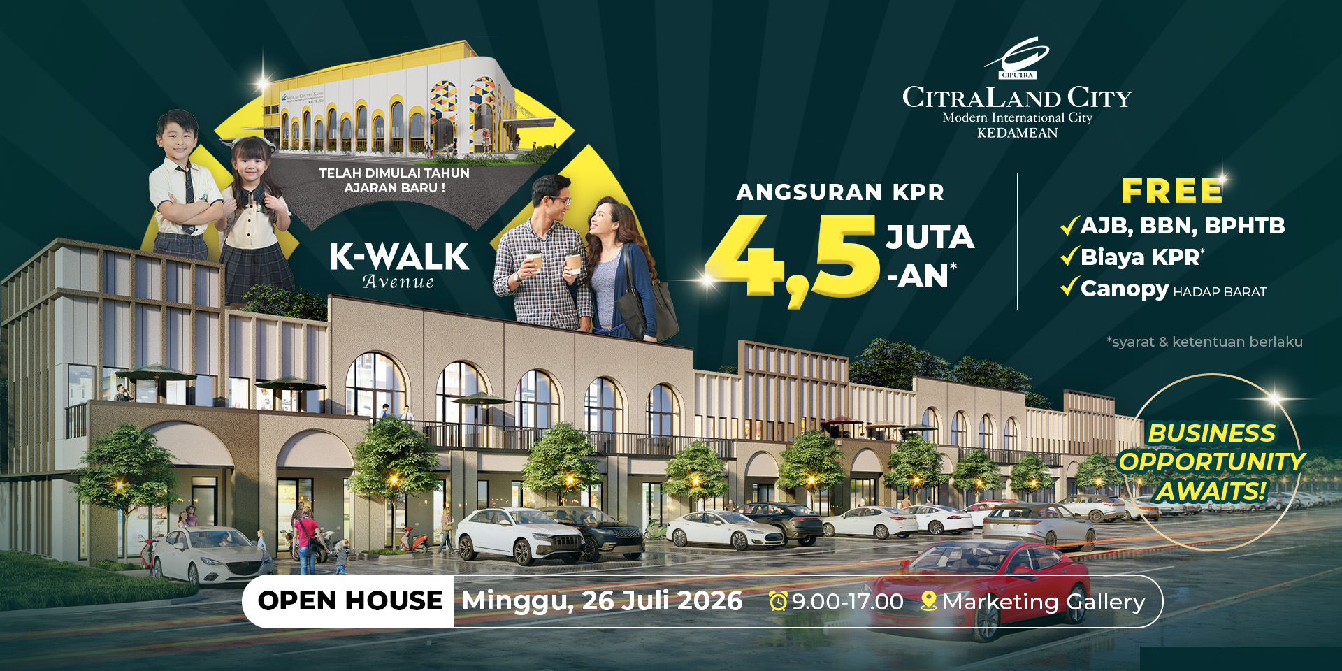 Ruko K-Walk Avenue CitraLand City Kedamean Gresik tampak depan dengan row jalan 18 meter dan area parkir lebar