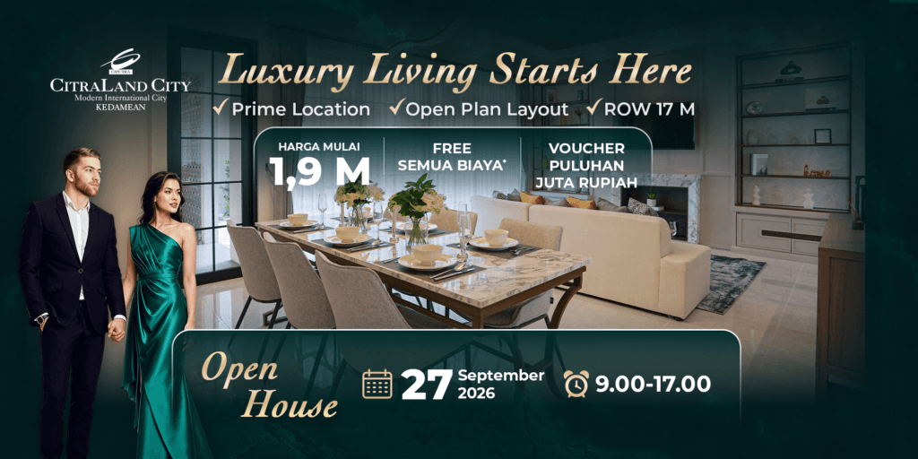 Interior open plan living Tipe Calliandra rumah minimalis lebar 8 meter dengan ruang makan dan pantry menyatu jendela besar di CitraLand City Kedamean Gresik