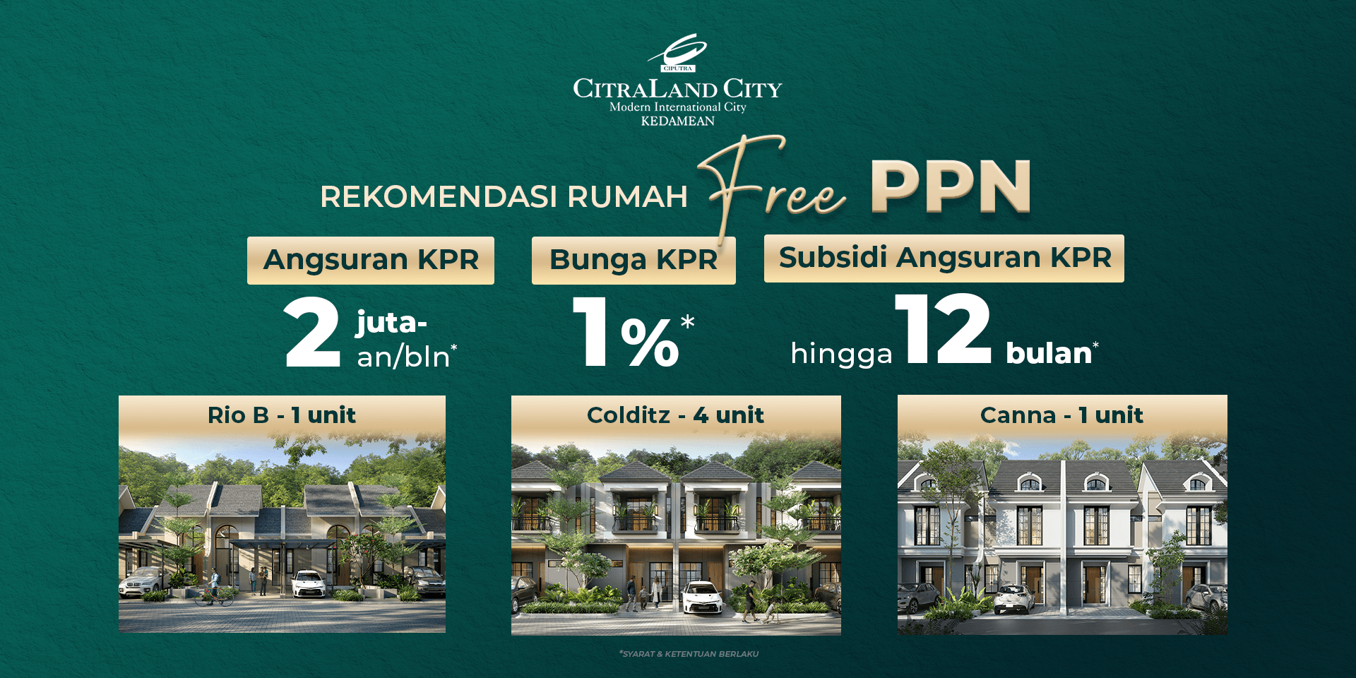 Rekomendasi rumah Free PPN di Gresik 2026 di CitraLand City Kedamean dengan pilihan Tipe Rio B, Colditz Deluxe, dan Canna Deluxe.